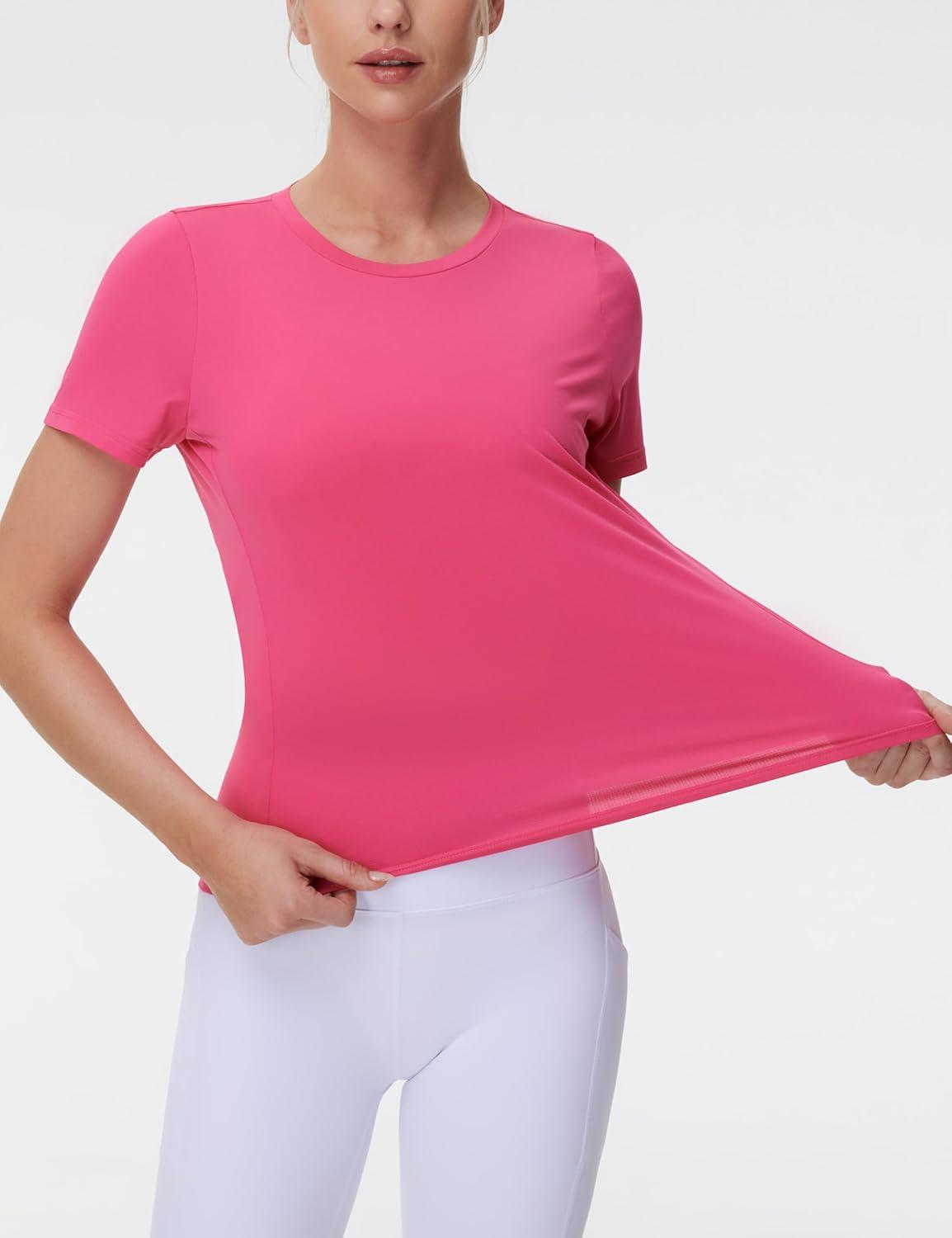 imageTHE GYM PEOPLE Womens Short Sleeve Workout TShirts Stretchy Lightweight Crewneck Athletic Running Lounge Tee TopsBright Pink