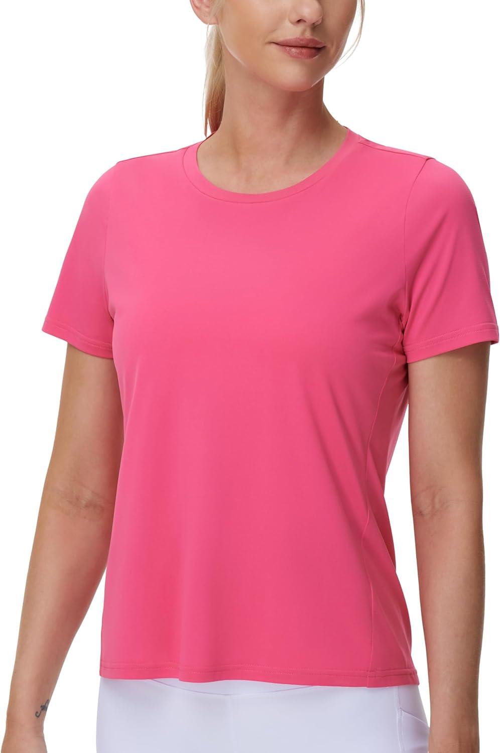 imageTHE GYM PEOPLE Womens Short Sleeve Workout TShirts Stretchy Lightweight Crewneck Athletic Running Lounge Tee TopsBright Pink