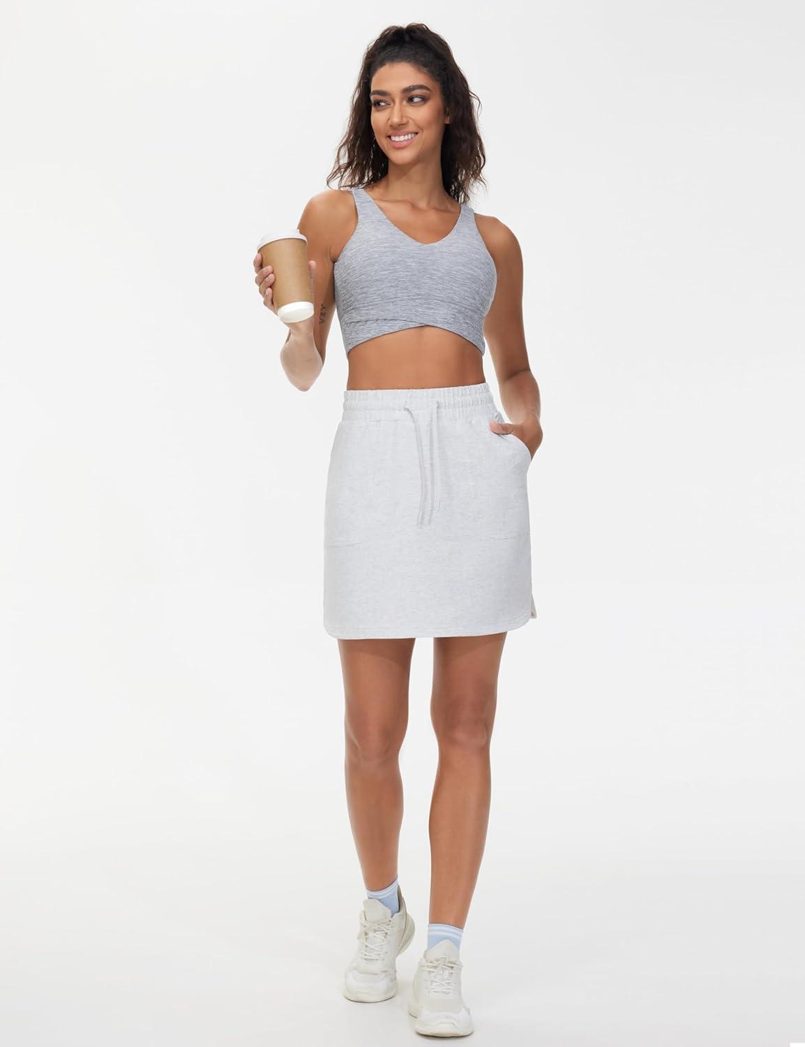 imageTHE GYM PEOPLE Womens Sweat Skirts Drawstring Cotton Casual Work Lounge Jersey Skirt with Square PocketsHeather White