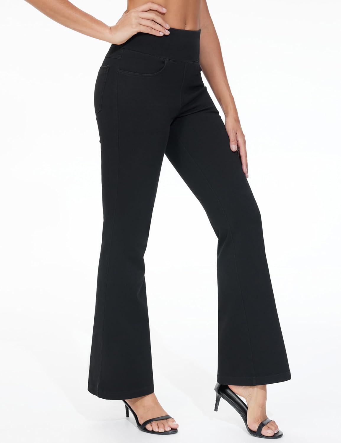 imageTHE GYM PEOPLE Womens Tummy Control Bell Bottom Jeans High Waisted Wide Leg Flare Pants Jeggings with PocketsBlack