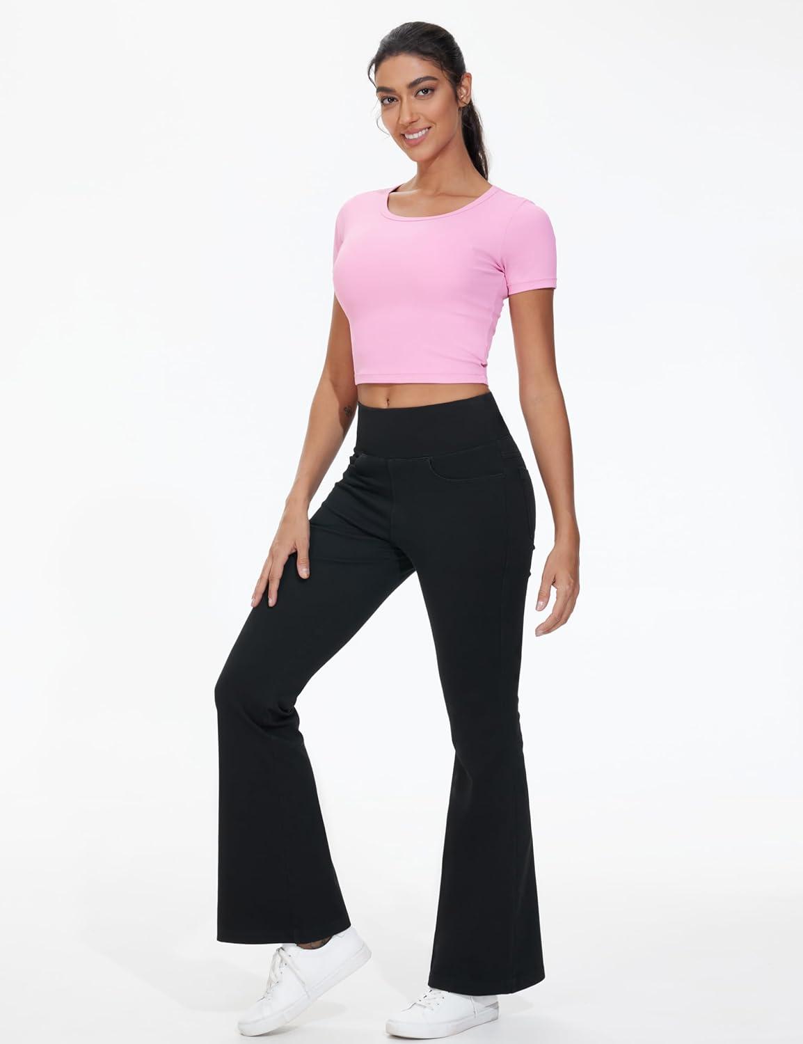 imageTHE GYM PEOPLE Womens Tummy Control Bell Bottom Jeans High Waisted Wide Leg Flare Pants Jeggings with PocketsBlack