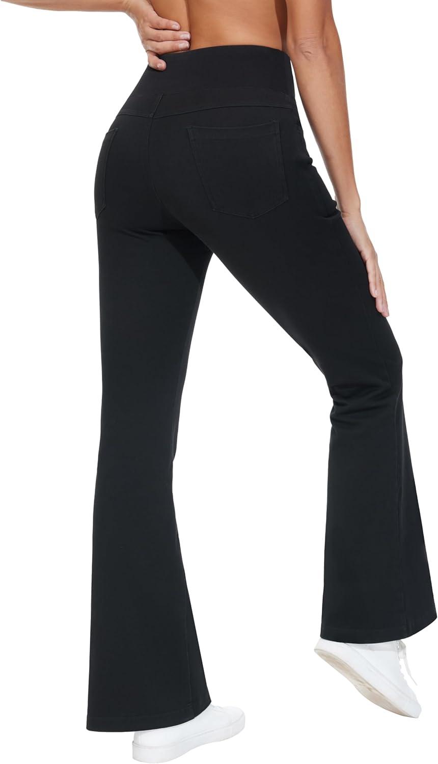 imageTHE GYM PEOPLE Womens Tummy Control Bell Bottom Jeans High Waisted Wide Leg Flare Pants Jeggings with PocketsBlack