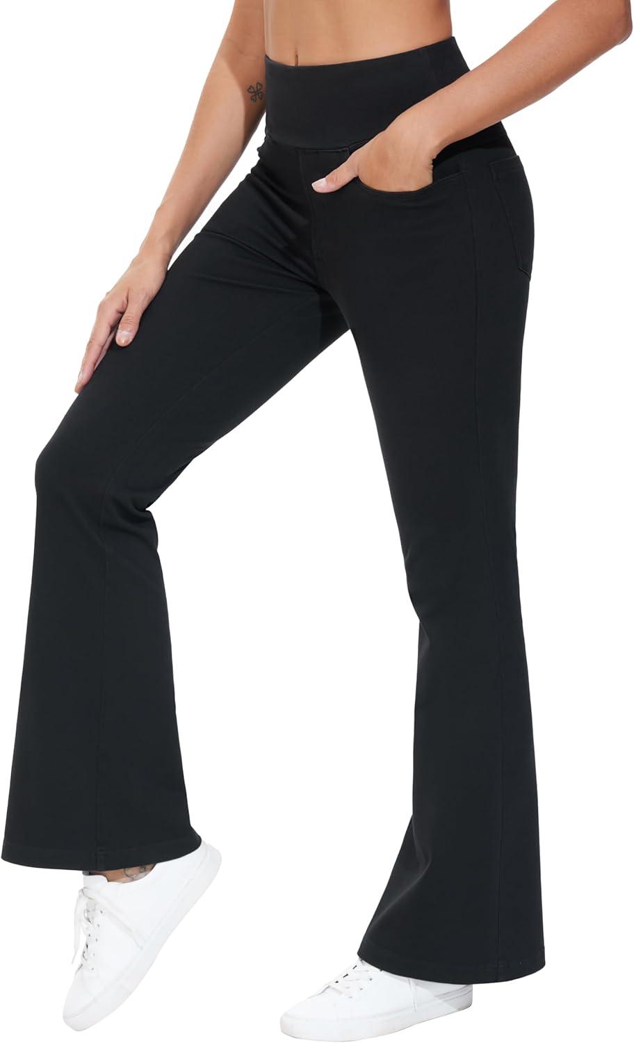 imageTHE GYM PEOPLE Womens Tummy Control Bell Bottom Jeans High Waisted Wide Leg Flare Pants Jeggings with PocketsBlack