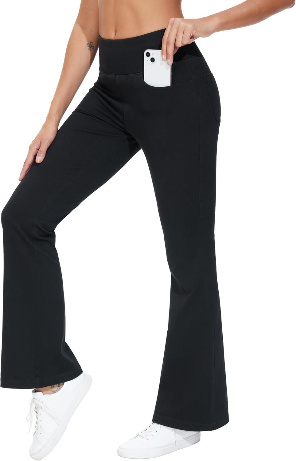 imageTHE GYM PEOPLE Womens Tummy Control Bell Bottom Jeans High Waisted Wide Leg Flare Pants Jeggings with PocketsBlack