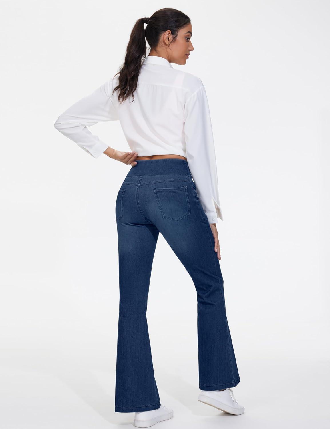imageTHE GYM PEOPLE Womens Tummy Control Bell Bottom Jeans High Waisted Wide Leg Flare Pants Jeggings with PocketsDark Blue