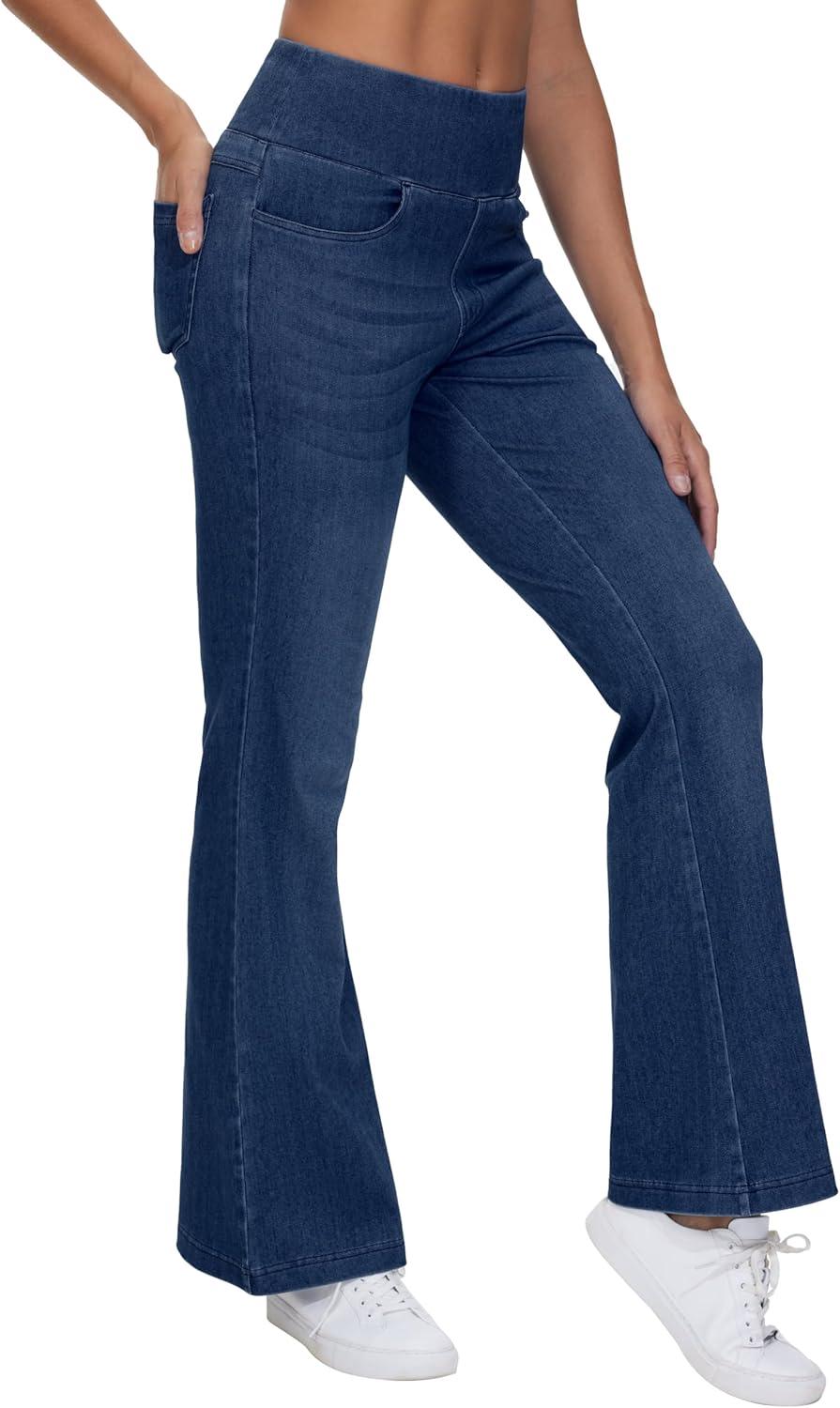 imageTHE GYM PEOPLE Womens Tummy Control Bell Bottom Jeans High Waisted Wide Leg Flare Pants Jeggings with PocketsDark Blue