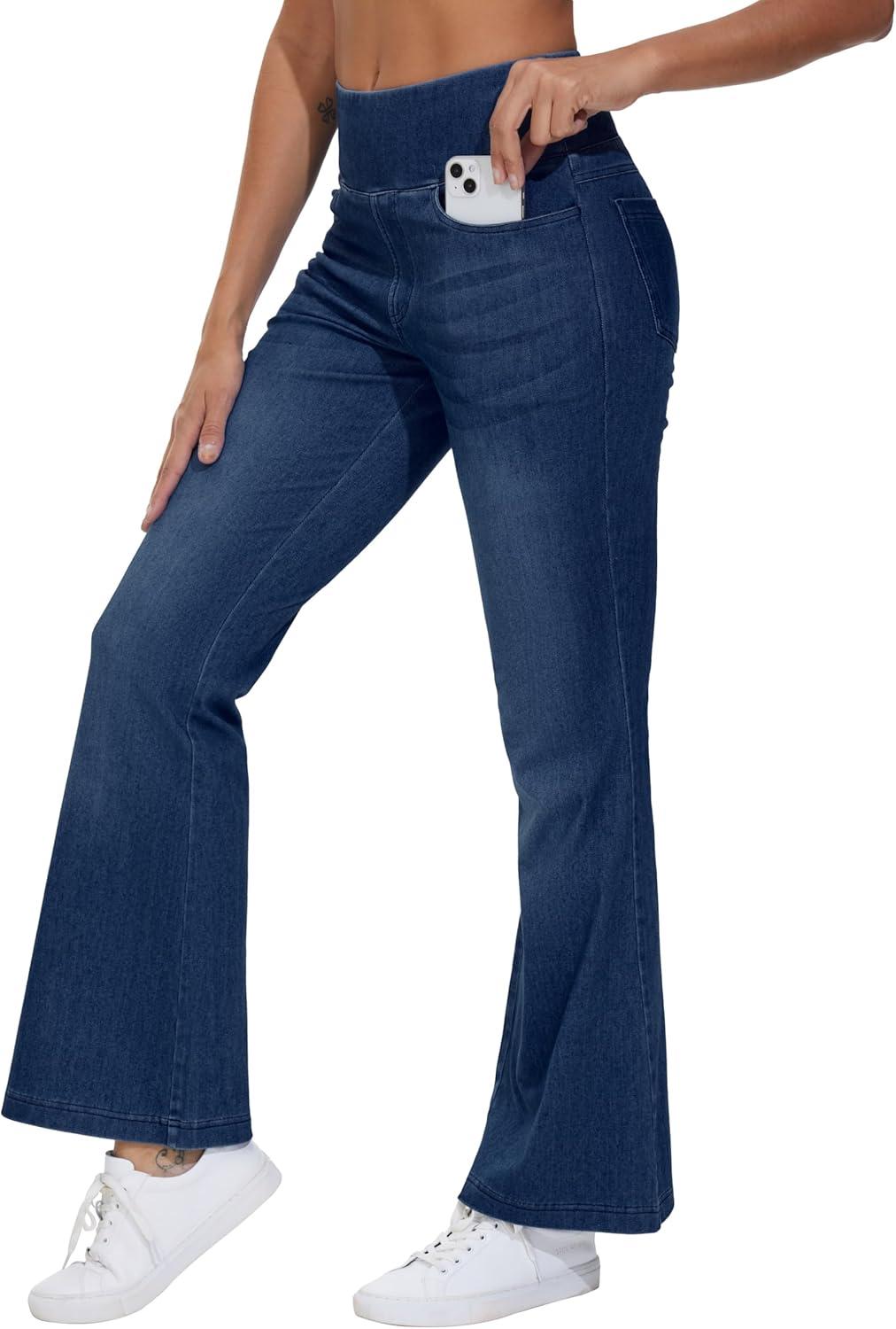 imageTHE GYM PEOPLE Womens Tummy Control Bell Bottom Jeans High Waisted Wide Leg Flare Pants Jeggings with PocketsDark Blue