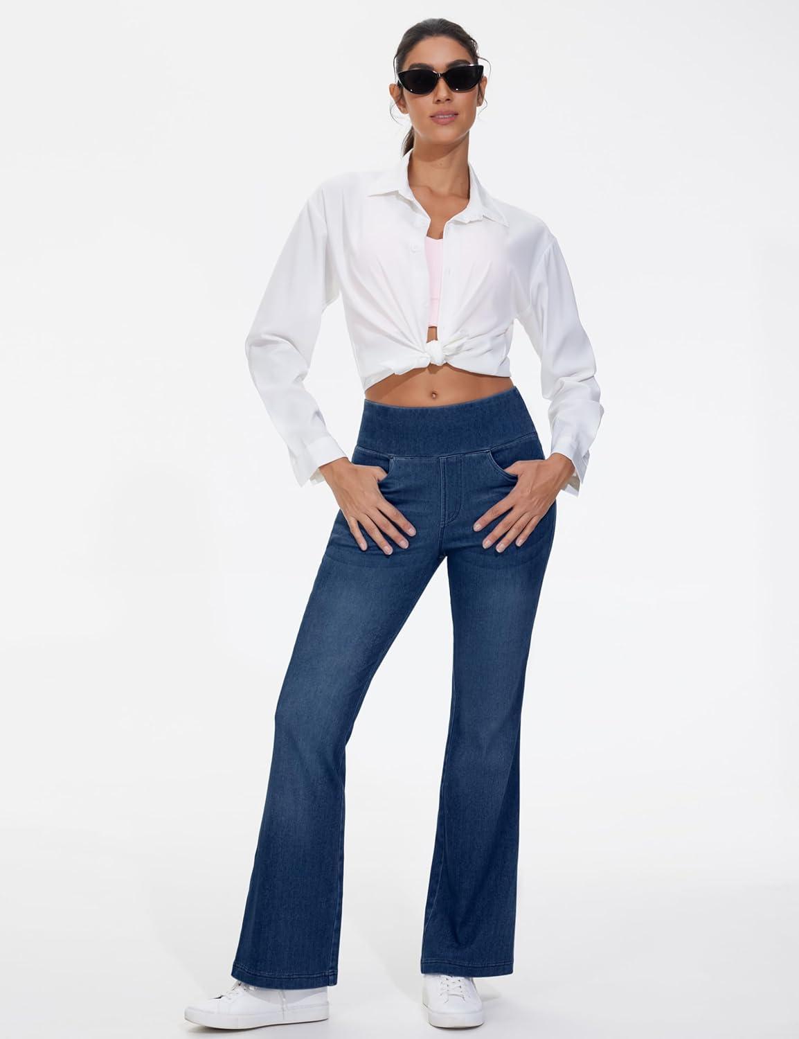 imageTHE GYM PEOPLE Womens Tummy Control Bell Bottom Jeans High Waisted Wide Leg Flare Pants Jeggings with PocketsDark Blue