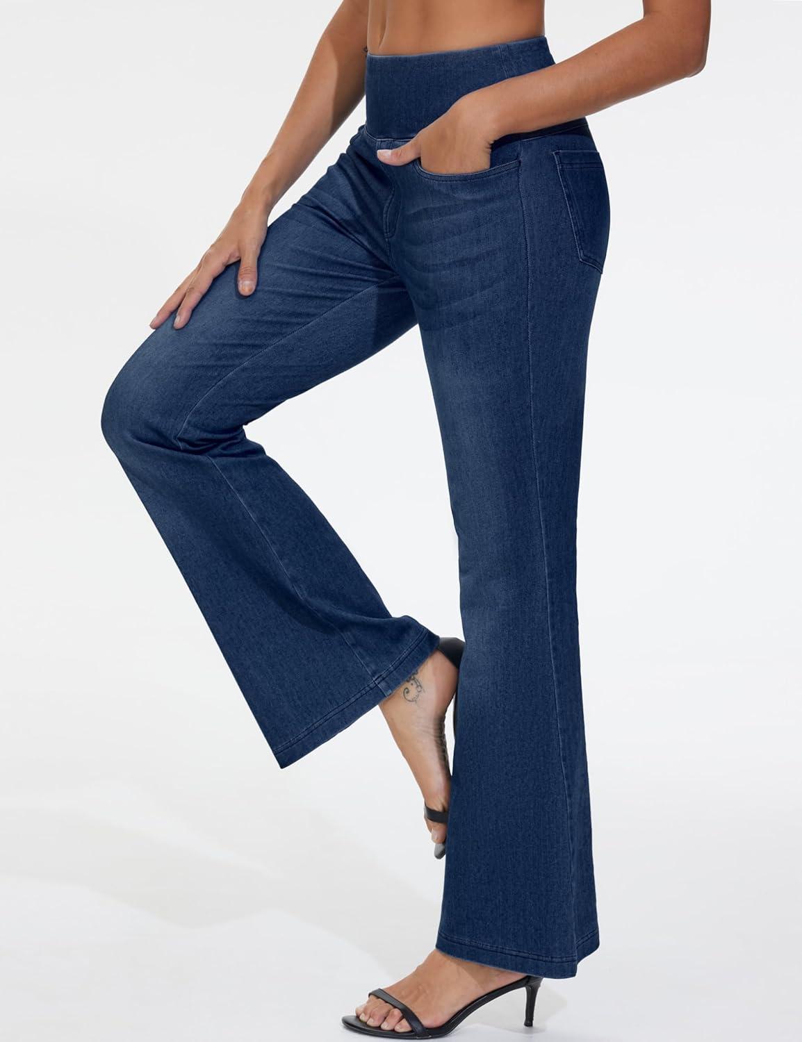 imageTHE GYM PEOPLE Womens Tummy Control Bell Bottom Jeans High Waisted Wide Leg Flare Pants Jeggings with PocketsDark Blue