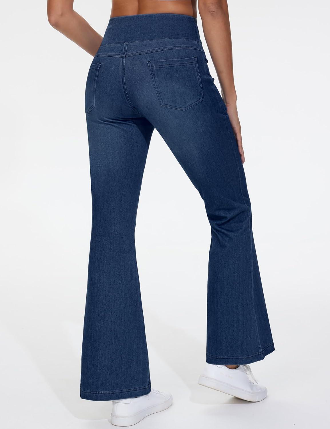 imageTHE GYM PEOPLE Womens Tummy Control Bell Bottom Jeans High Waisted Wide Leg Flare Pants Jeggings with PocketsDark Blue