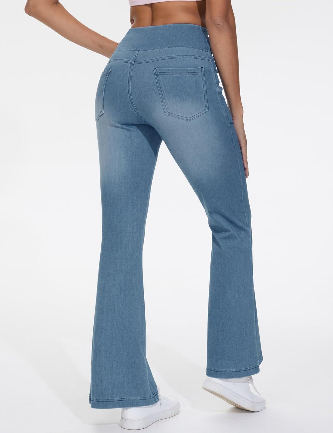 imageTHE GYM PEOPLE Womens Tummy Control Bell Bottom Jeans High Waisted Wide Leg Flare Pants Jeggings with PocketsDenim Blue