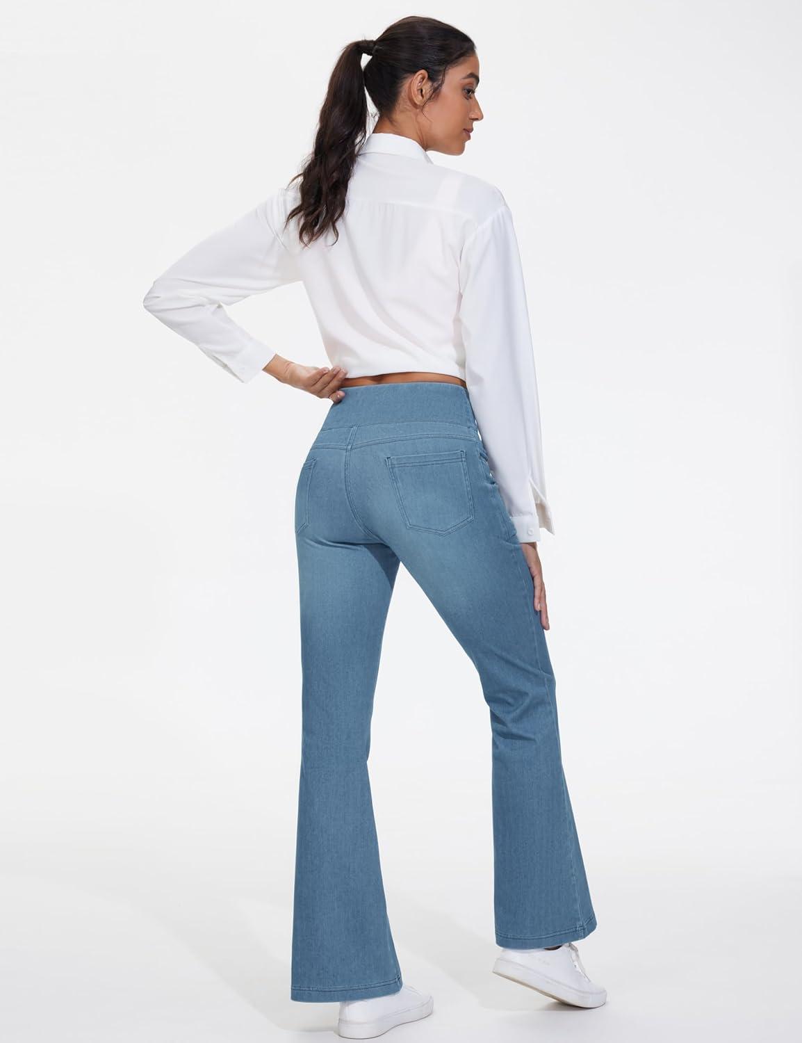 imageTHE GYM PEOPLE Womens Tummy Control Bell Bottom Jeans High Waisted Wide Leg Flare Pants Jeggings with PocketsDenim Blue