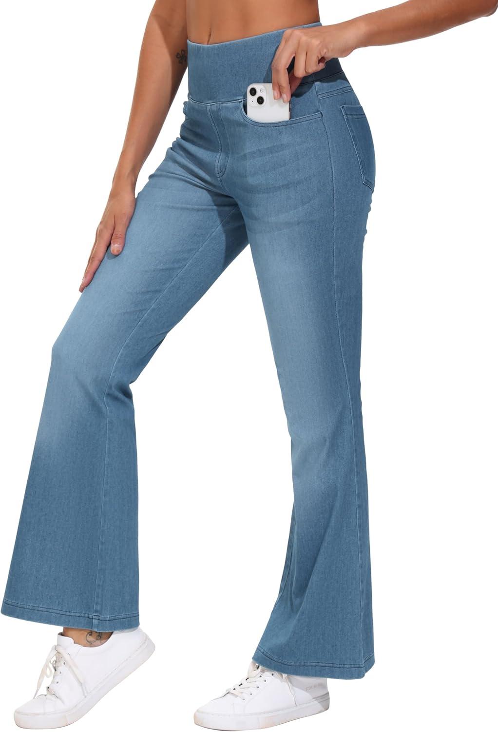 imageTHE GYM PEOPLE Womens Tummy Control Bell Bottom Jeans High Waisted Wide Leg Flare Pants Jeggings with PocketsDenim Blue