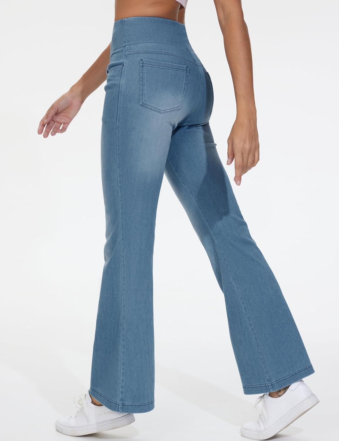 imageTHE GYM PEOPLE Womens Tummy Control Bell Bottom Jeans High Waisted Wide Leg Flare Pants Jeggings with PocketsDenim Blue