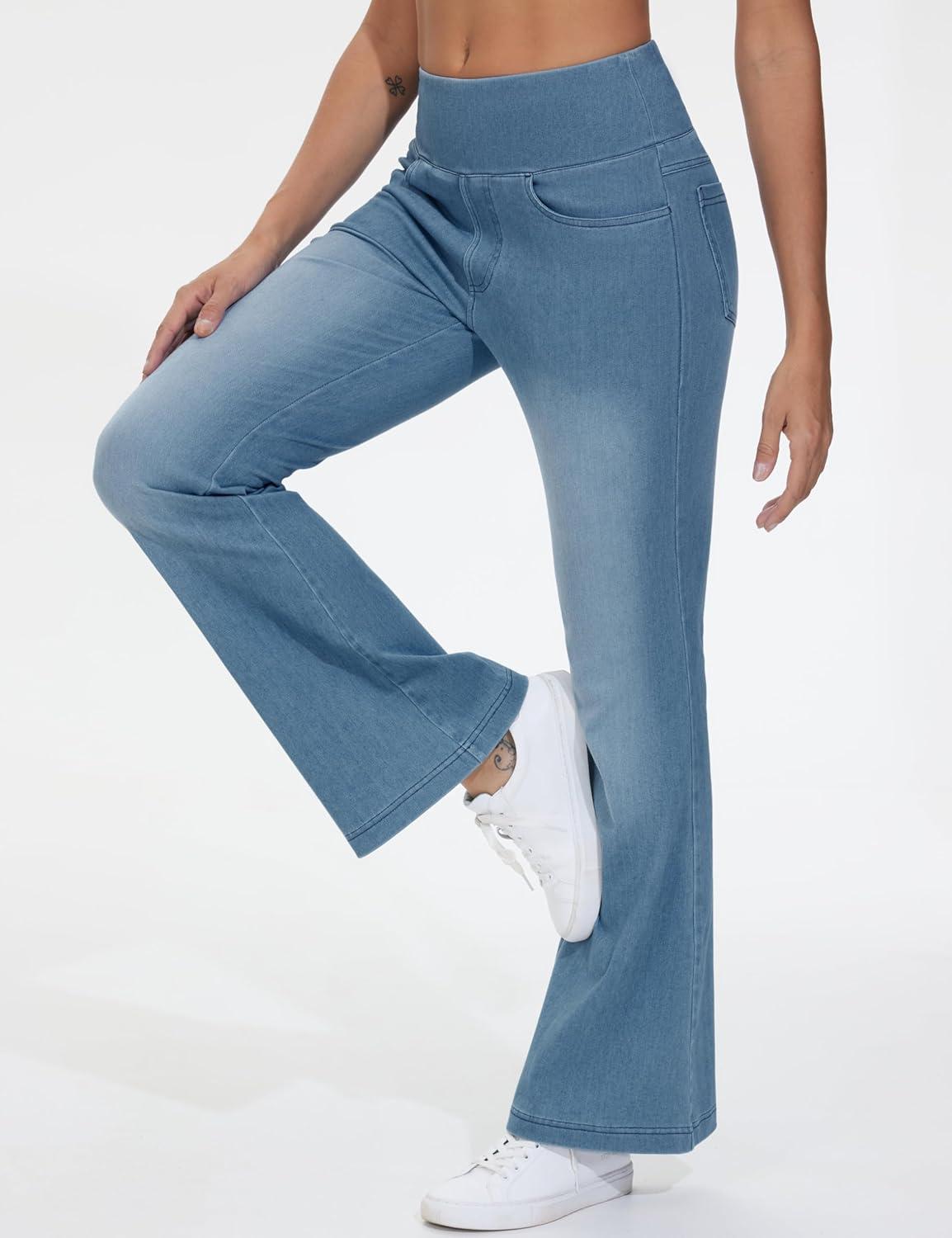 imageTHE GYM PEOPLE Womens Tummy Control Bell Bottom Jeans High Waisted Wide Leg Flare Pants Jeggings with PocketsDenim Blue