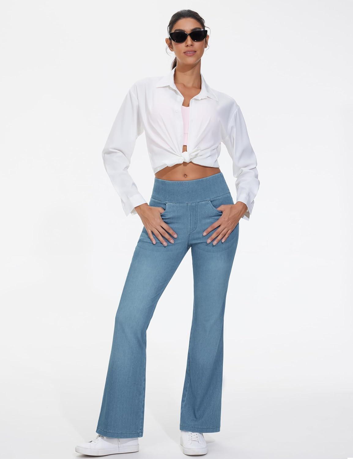 imageTHE GYM PEOPLE Womens Tummy Control Bell Bottom Jeans High Waisted Wide Leg Flare Pants Jeggings with PocketsDenim Blue