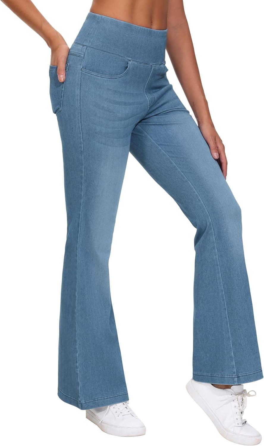 imageTHE GYM PEOPLE Womens Tummy Control Bell Bottom Jeans High Waisted Wide Leg Flare Pants Jeggings with PocketsDenim Blue