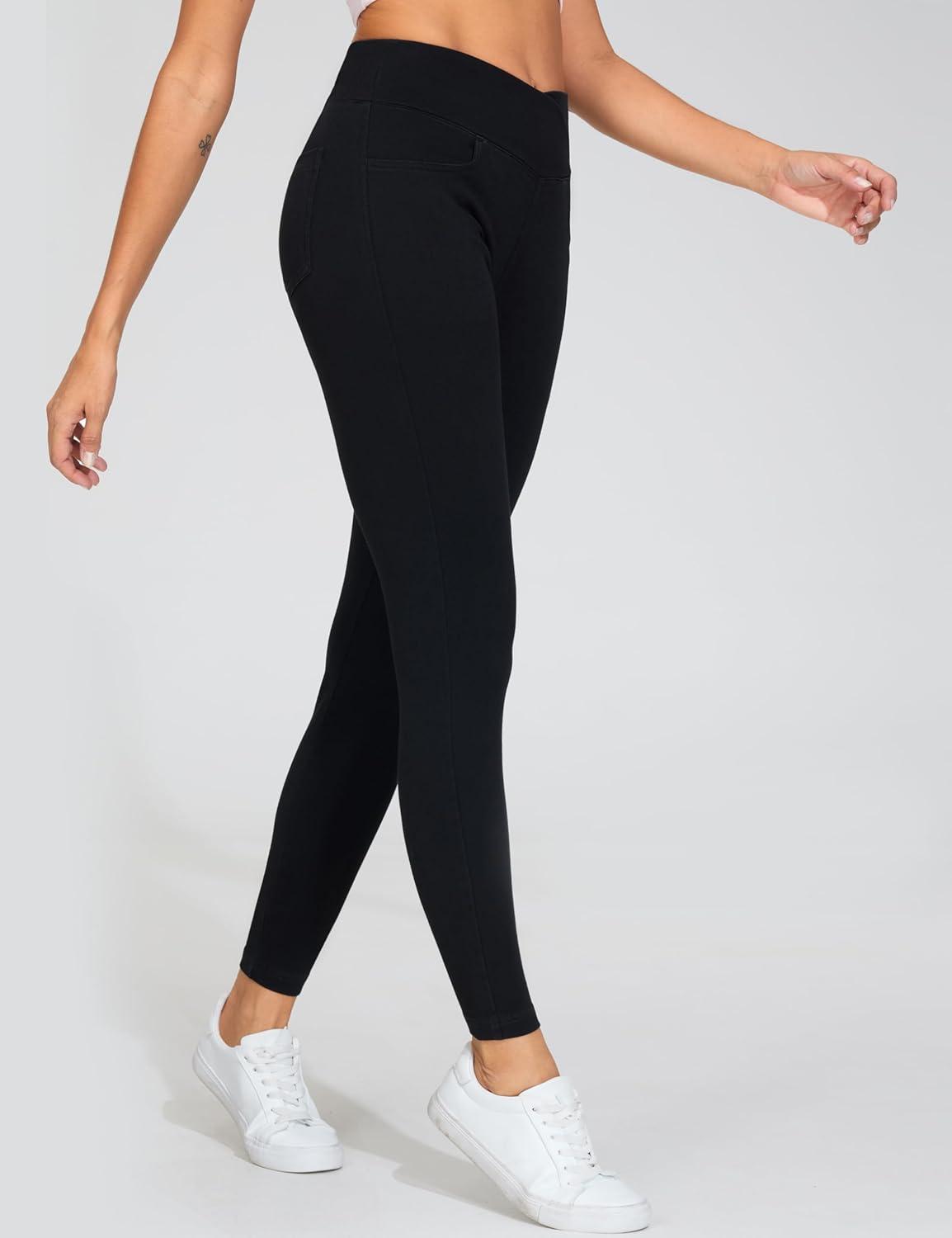 imageTHE GYM PEOPLE Womens V Cross Denim Jegging Pants High Waisted Stretchy Skinny Jean Leggings with PocketsBlack