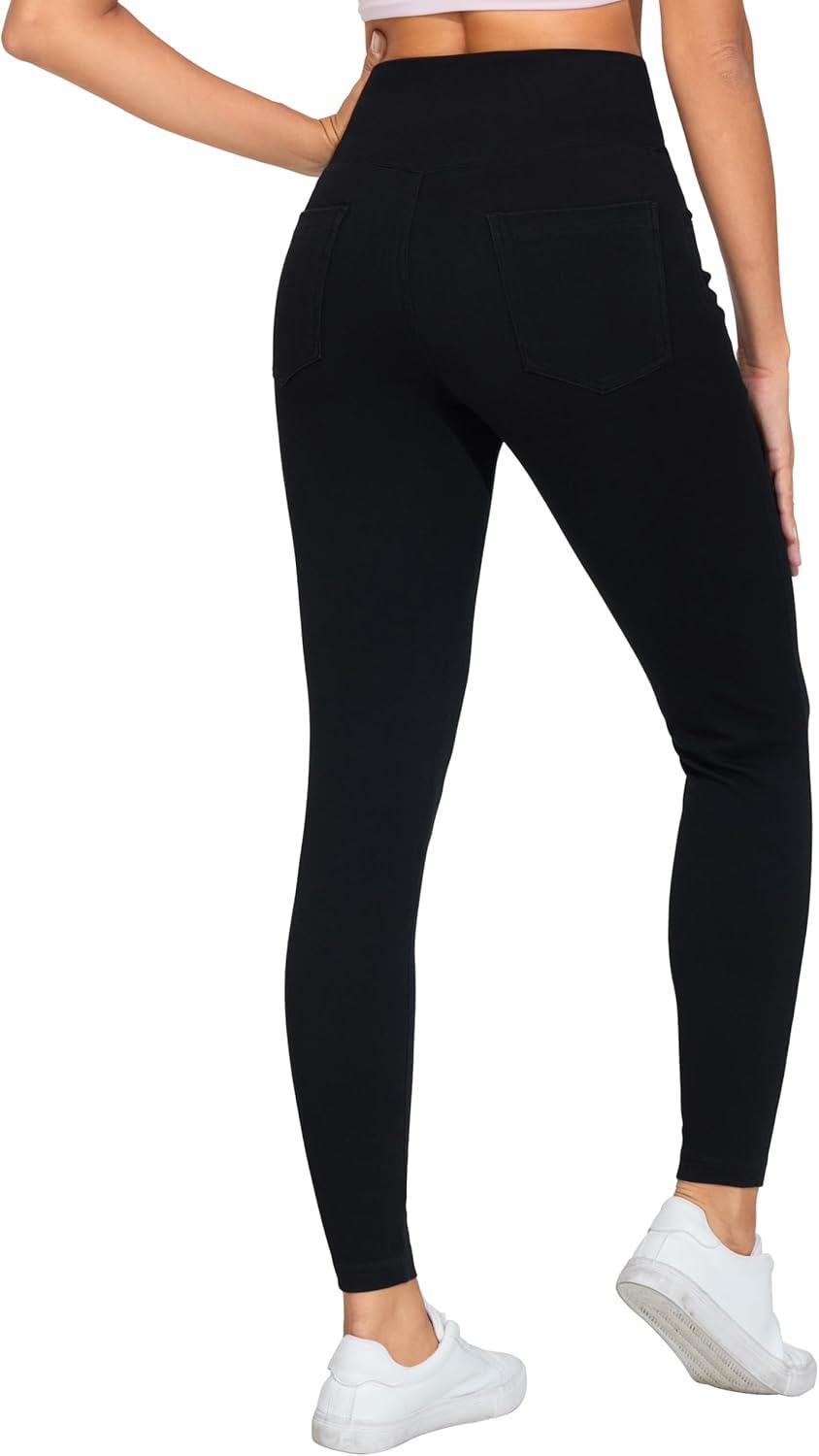imageTHE GYM PEOPLE Womens V Cross Denim Jegging Pants High Waisted Stretchy Skinny Jean Leggings with PocketsBlack