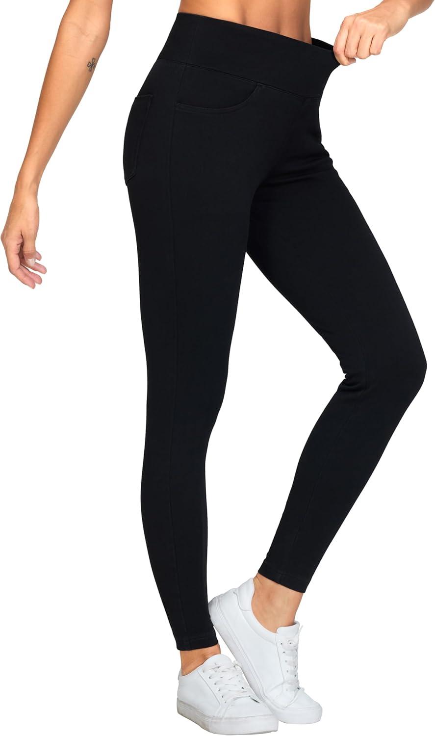 imageTHE GYM PEOPLE Womens V Cross Denim Jegging Pants High Waisted Stretchy Skinny Jean Leggings with PocketsBlack