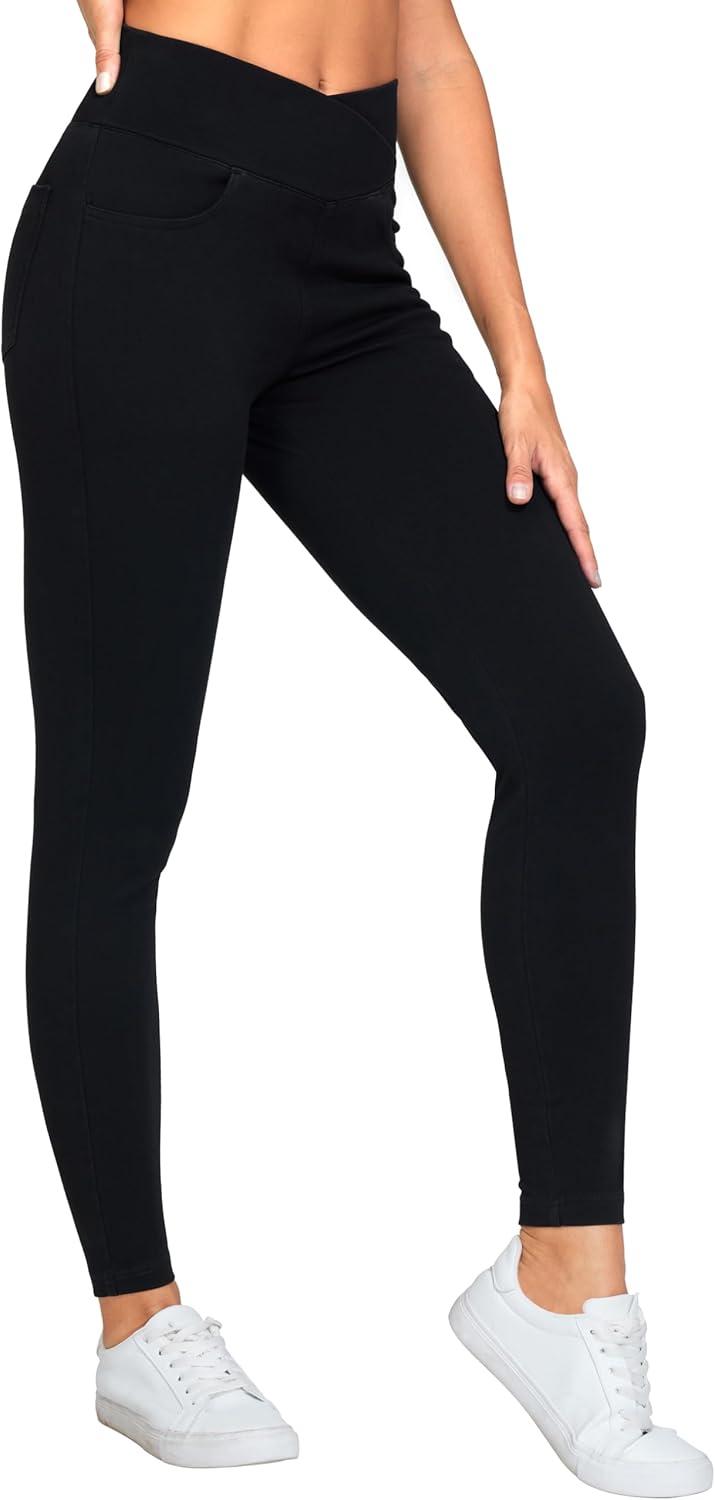 imageTHE GYM PEOPLE Womens V Cross Denim Jegging Pants High Waisted Stretchy Skinny Jean Leggings with PocketsBlack