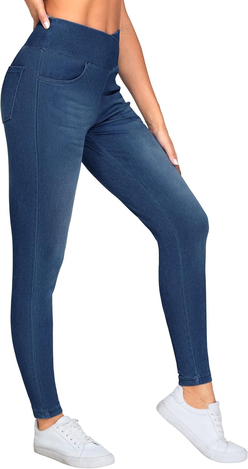 imageTHE GYM PEOPLE Womens V Cross Denim Jegging Pants High Waisted Stretchy Skinny Jean Leggings with PocketsDark Blue