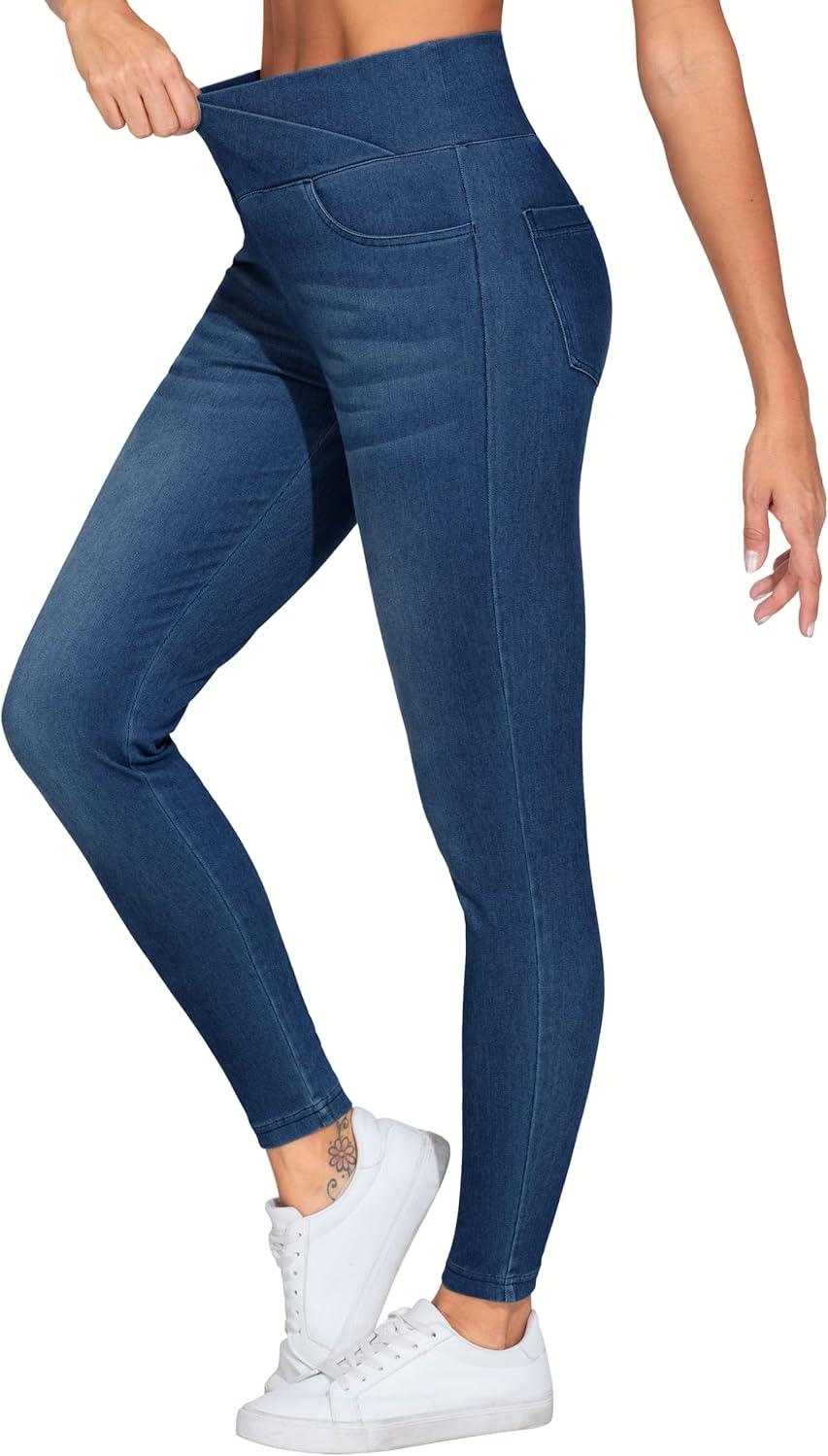 imageTHE GYM PEOPLE Womens V Cross Denim Jegging Pants High Waisted Stretchy Skinny Jean Leggings with PocketsDark Blue