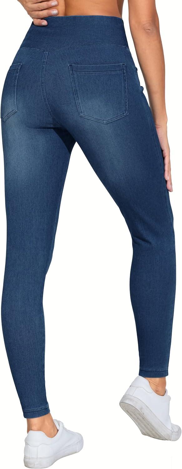 imageTHE GYM PEOPLE Womens V Cross Denim Jegging Pants High Waisted Stretchy Skinny Jean Leggings with PocketsDark Blue