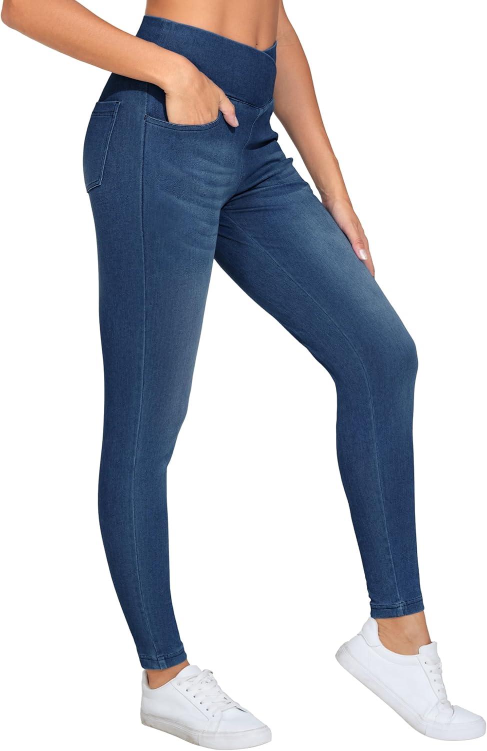 imageTHE GYM PEOPLE Womens V Cross Denim Jegging Pants High Waisted Stretchy Skinny Jean Leggings with PocketsDark Blue