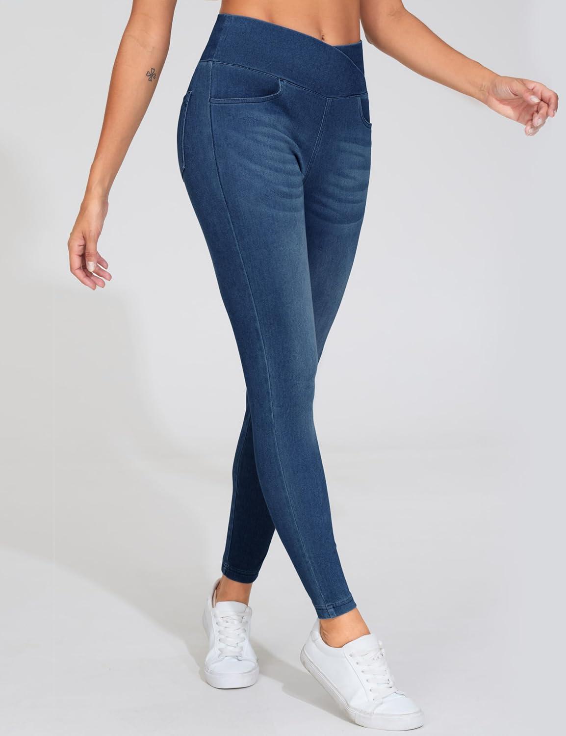 imageTHE GYM PEOPLE Womens V Cross Denim Jegging Pants High Waisted Stretchy Skinny Jean Leggings with PocketsDark Blue