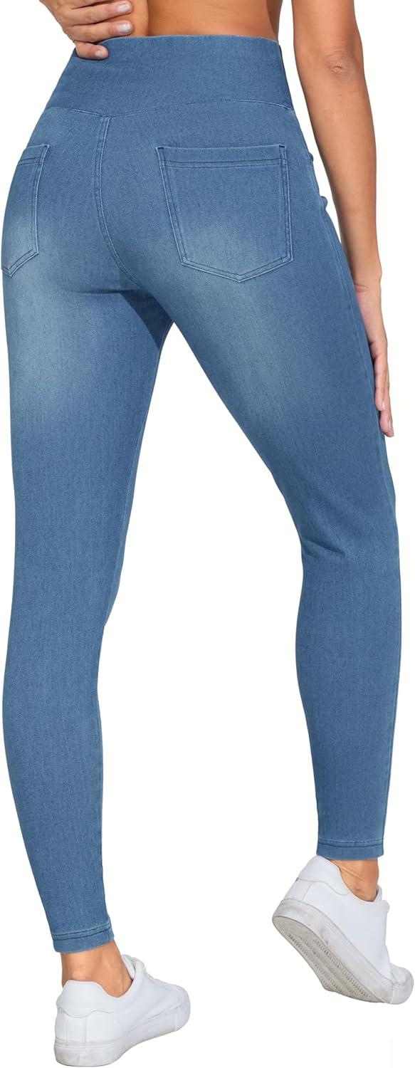 imageTHE GYM PEOPLE Womens V Cross Denim Jegging Pants High Waisted Stretchy Skinny Jean Leggings with PocketsDenim Blue