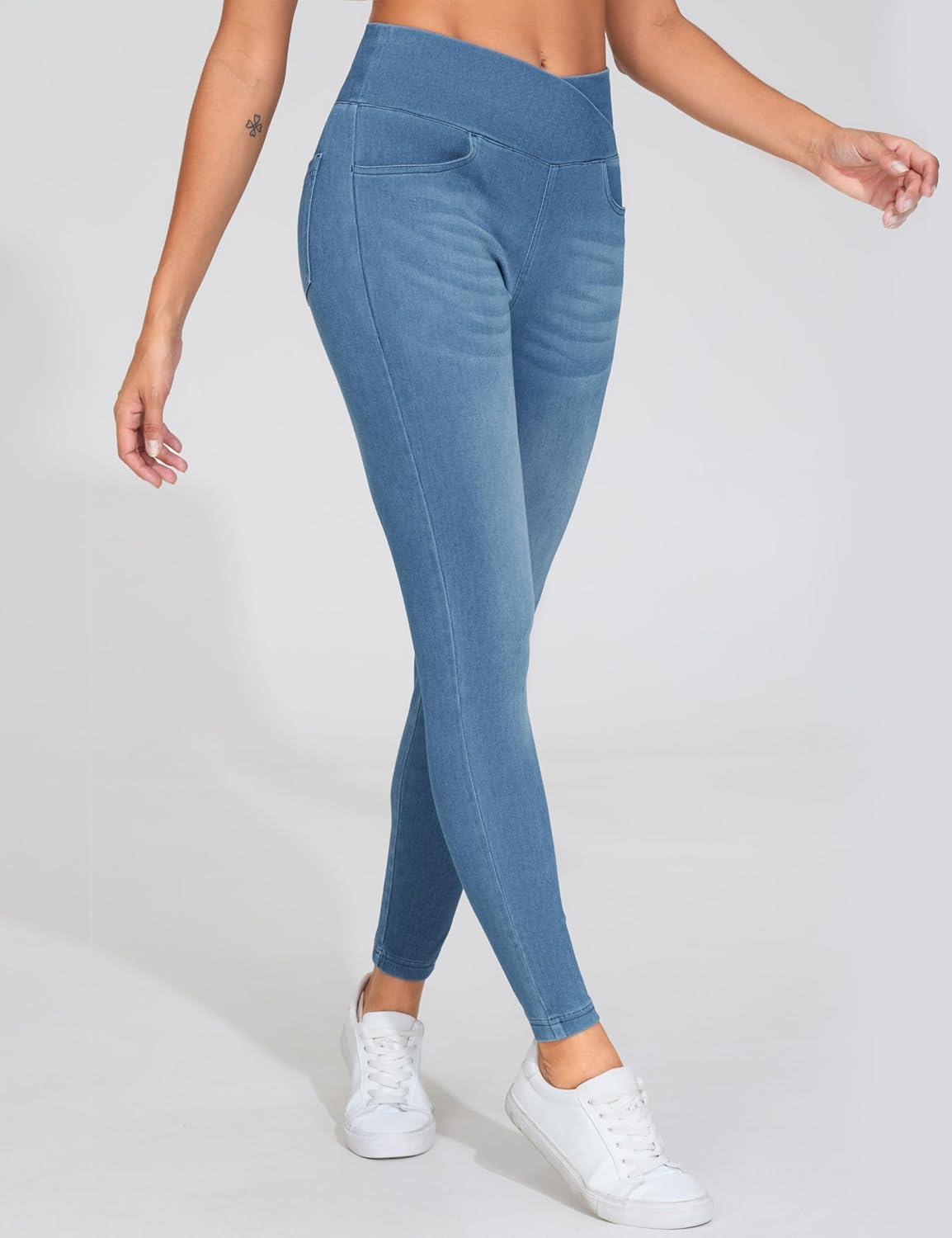 imageTHE GYM PEOPLE Womens V Cross Denim Jegging Pants High Waisted Stretchy Skinny Jean Leggings with PocketsDenim Blue
