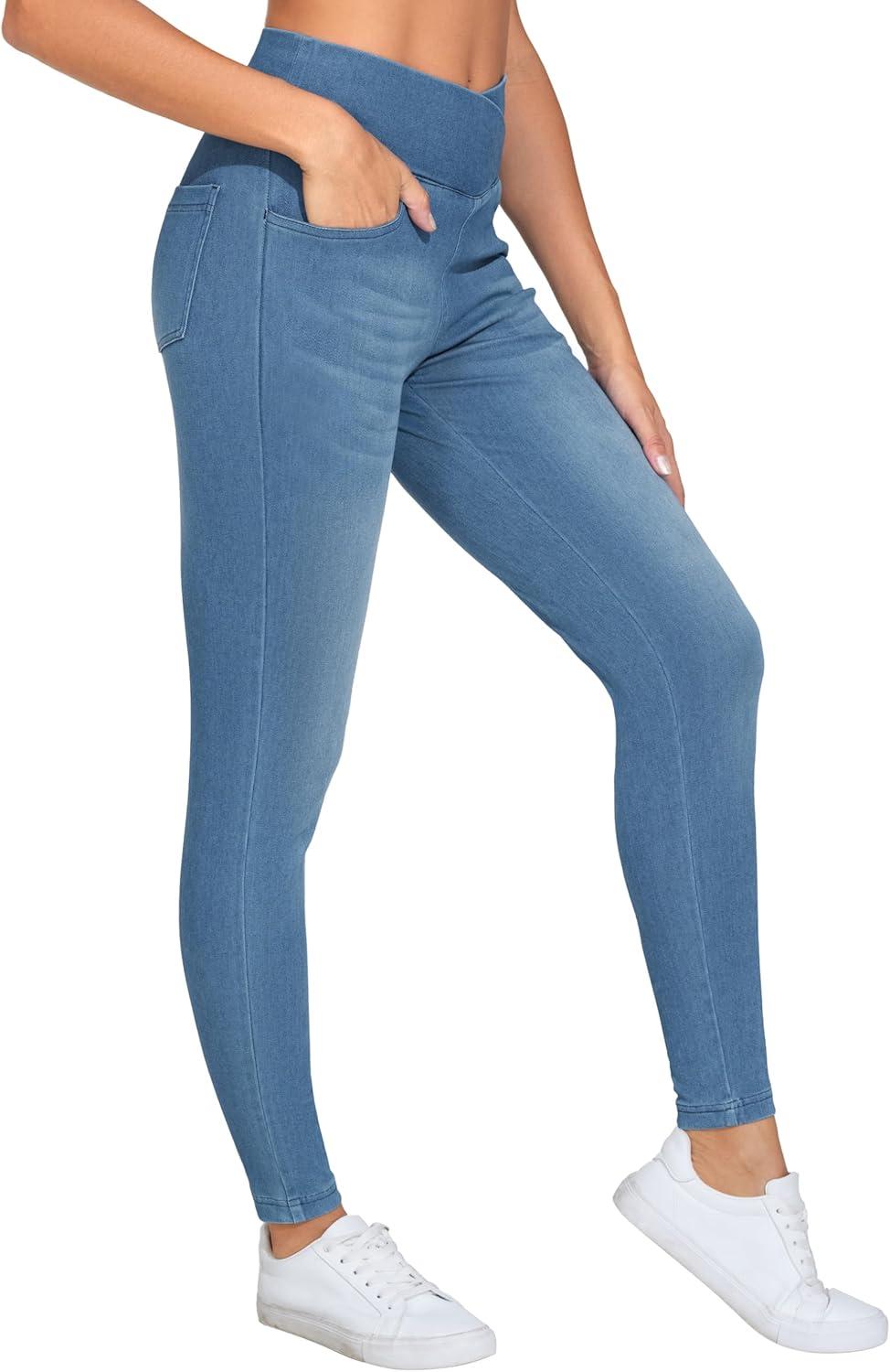 imageTHE GYM PEOPLE Womens V Cross Denim Jegging Pants High Waisted Stretchy Skinny Jean Leggings with PocketsDenim Blue