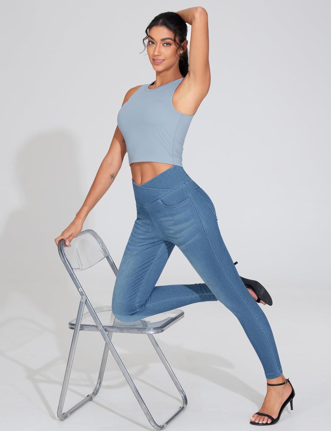 imageTHE GYM PEOPLE Womens V Cross Denim Jegging Pants High Waisted Stretchy Skinny Jean Leggings with PocketsDenim Blue