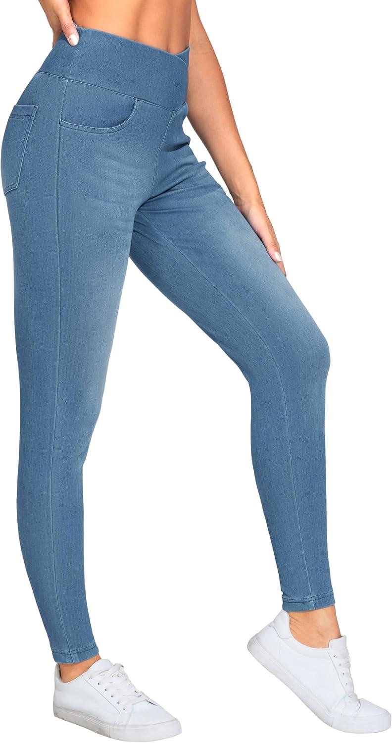 imageTHE GYM PEOPLE Womens V Cross Denim Jegging Pants High Waisted Stretchy Skinny Jean Leggings with PocketsDenim Blue