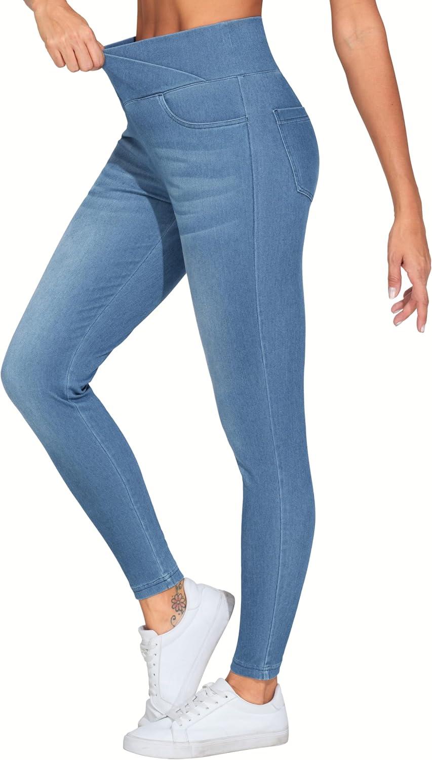 imageTHE GYM PEOPLE Womens V Cross Denim Jegging Pants High Waisted Stretchy Skinny Jean Leggings with PocketsDenim Blue