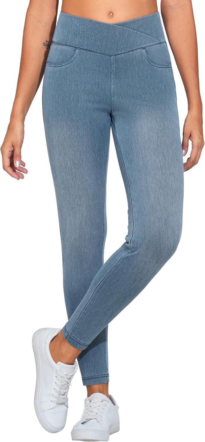 imageTHE GYM PEOPLE Womens V Cross Denim Jegging Pants High Waisted Stretchy Skinny Jean Leggings with PocketsDenim Light Blue