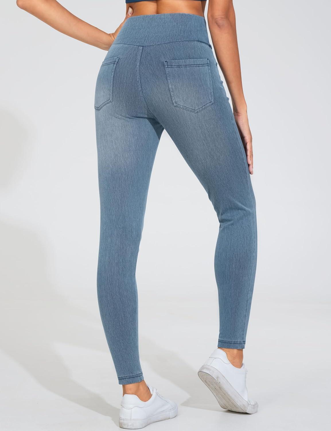 imageTHE GYM PEOPLE Womens V Cross Denim Jegging Pants High Waisted Stretchy Skinny Jean Leggings with PocketsDenim Light Blue
