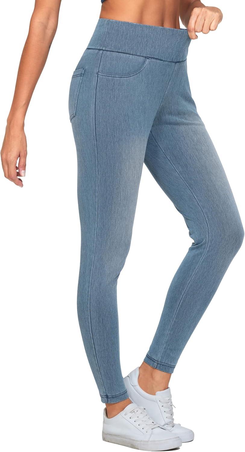 imageTHE GYM PEOPLE Womens V Cross Denim Jegging Pants High Waisted Stretchy Skinny Jean Leggings with PocketsDenim Light Blue