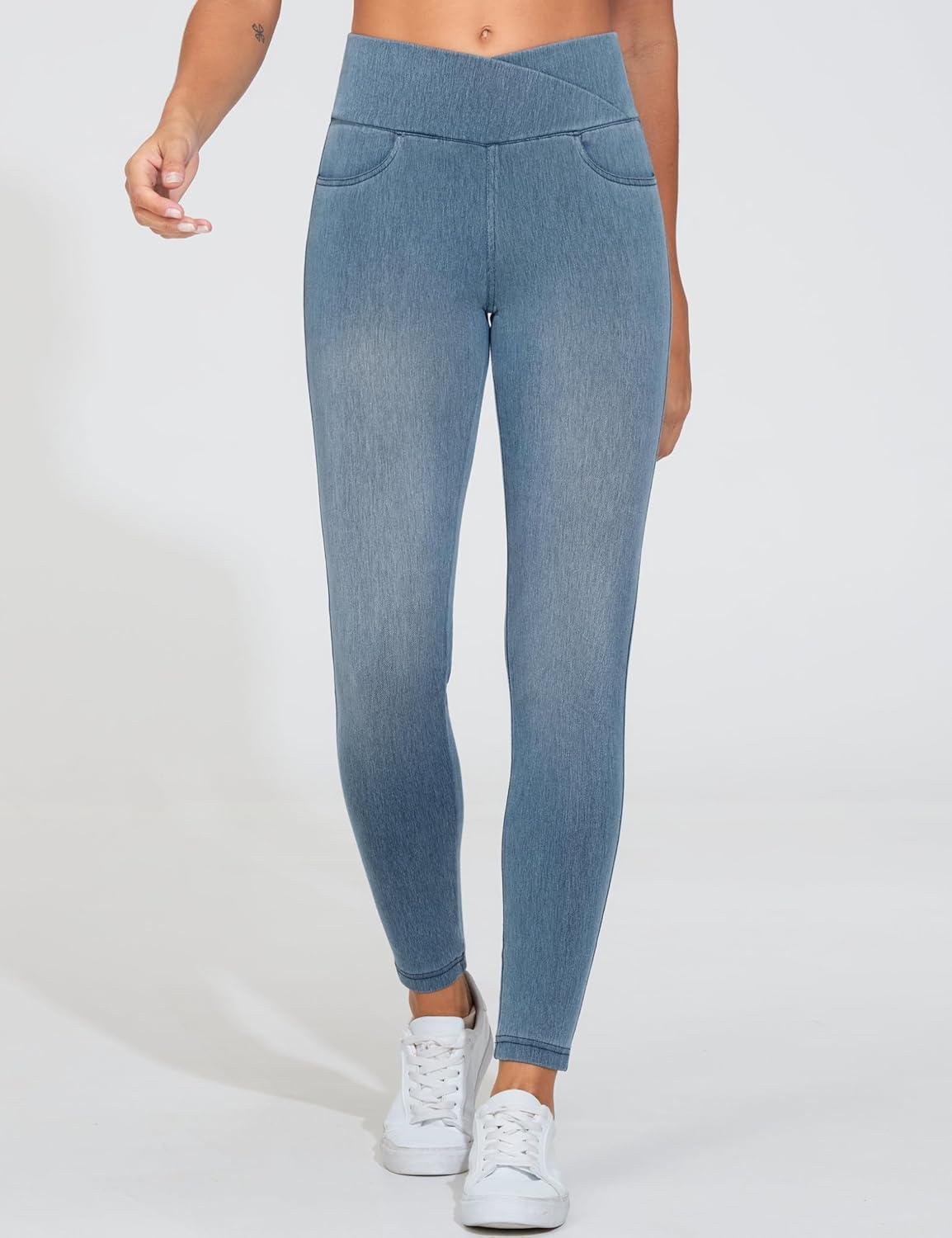 imageTHE GYM PEOPLE Womens V Cross Denim Jegging Pants High Waisted Stretchy Skinny Jean Leggings with PocketsDenim Light Blue