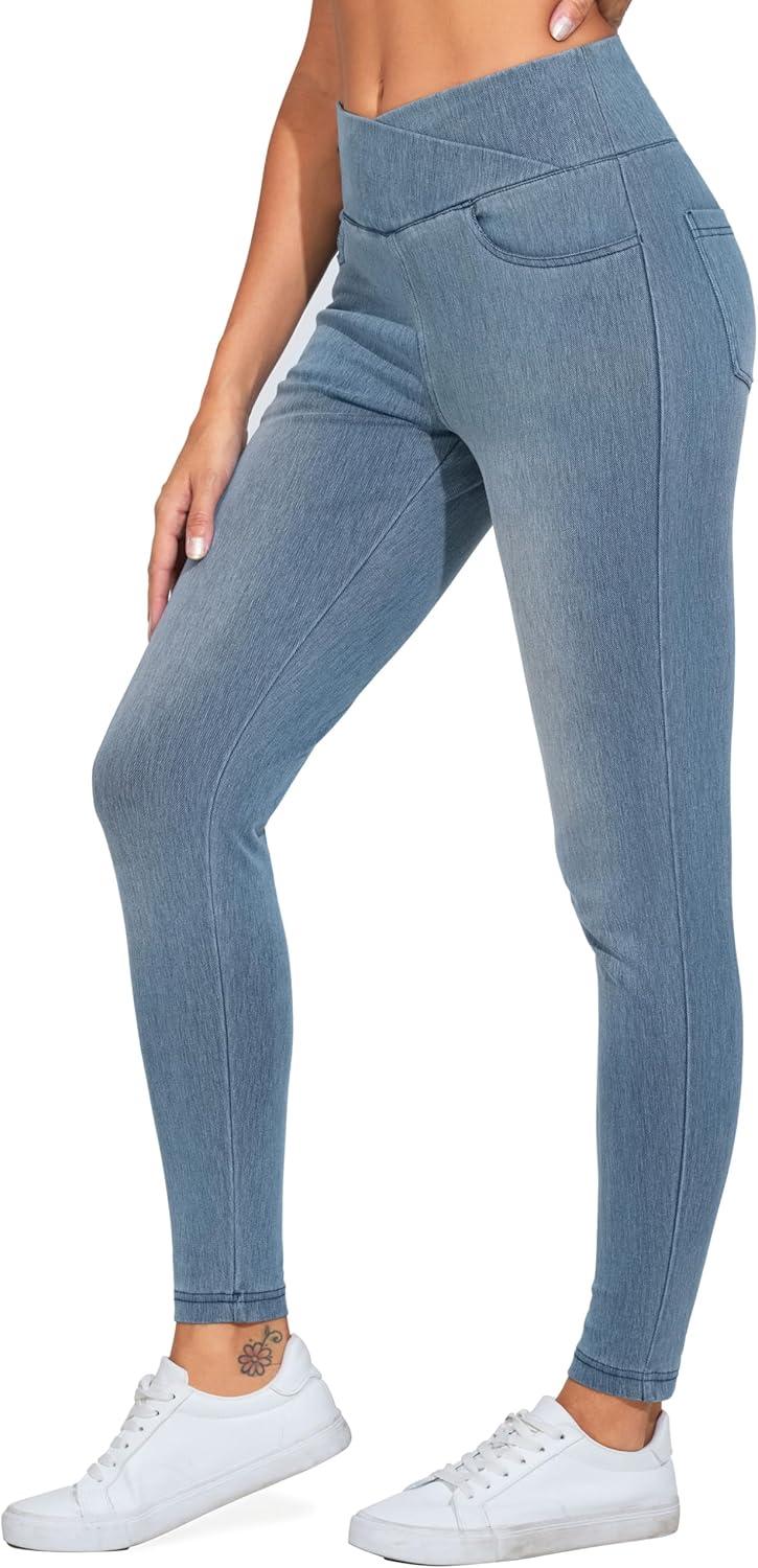 imageTHE GYM PEOPLE Womens V Cross Denim Jegging Pants High Waisted Stretchy Skinny Jean Leggings with PocketsDenim Light Blue