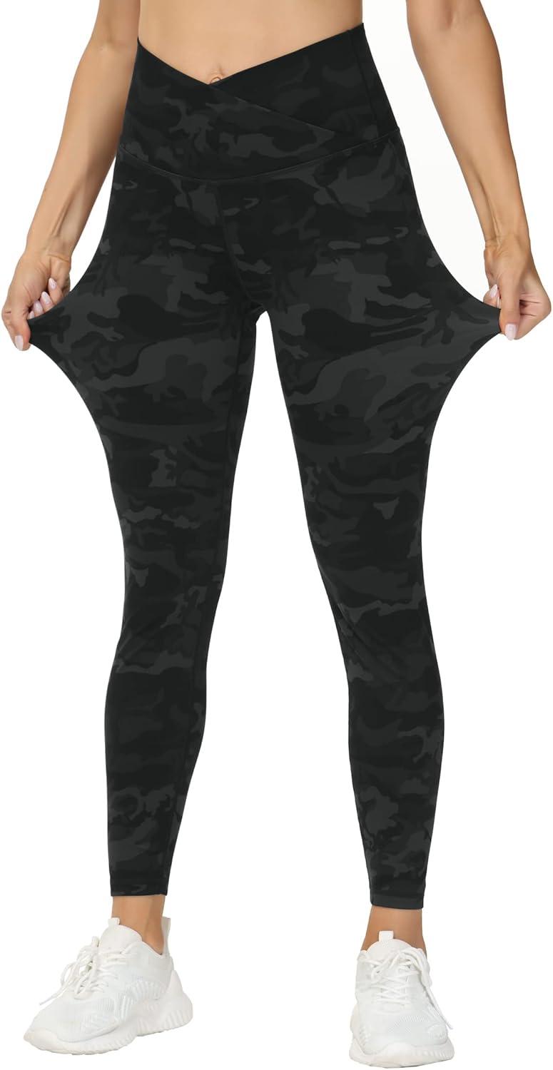 imageTHE GYM PEOPLE Womens V Cross Waist Yoga Leggings with High Waisted Tummy ControlBlack Camo