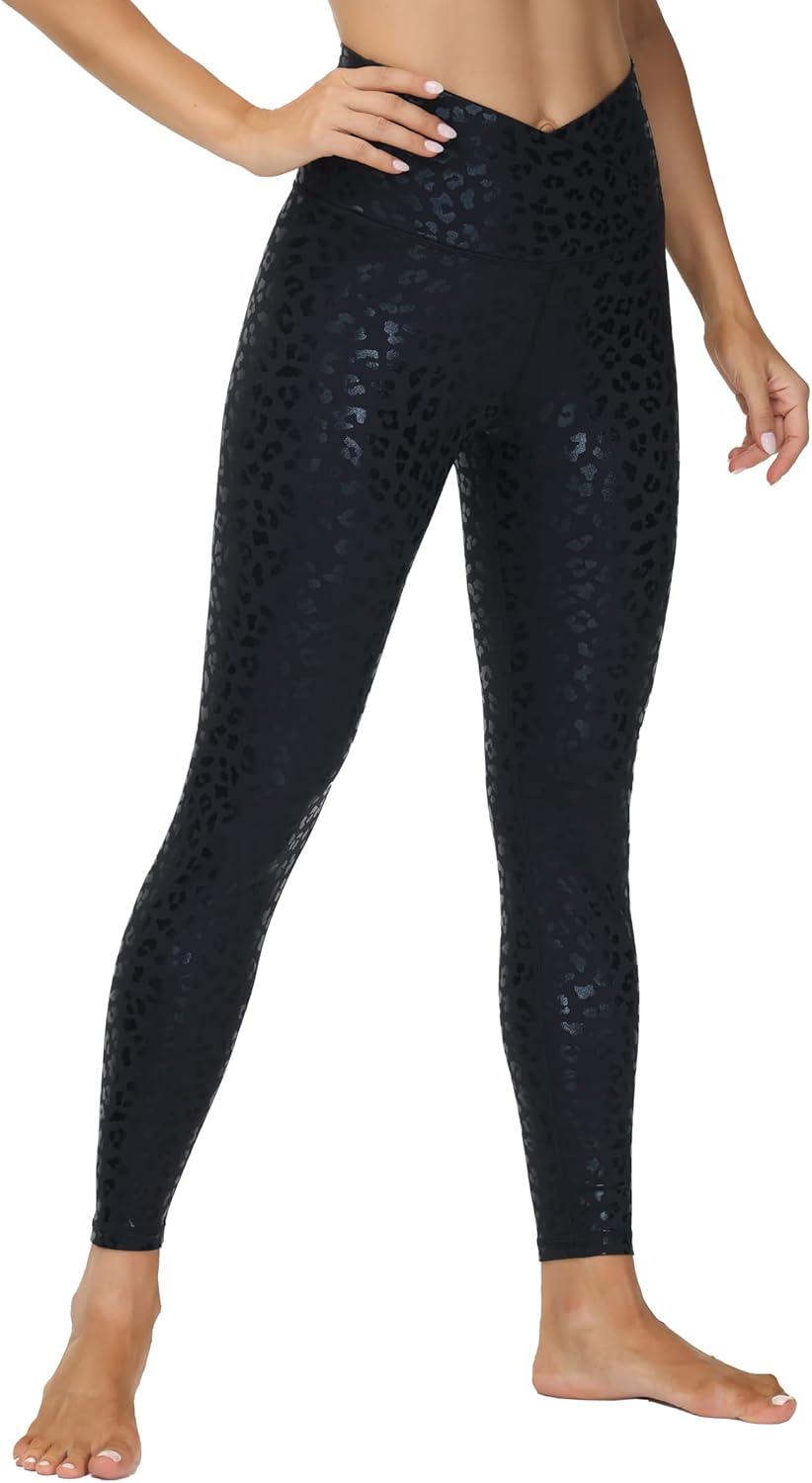 imageTHE GYM PEOPLE Womens V Cross Waist Yoga Leggings with High Waisted Tummy ControlBlack Leopard