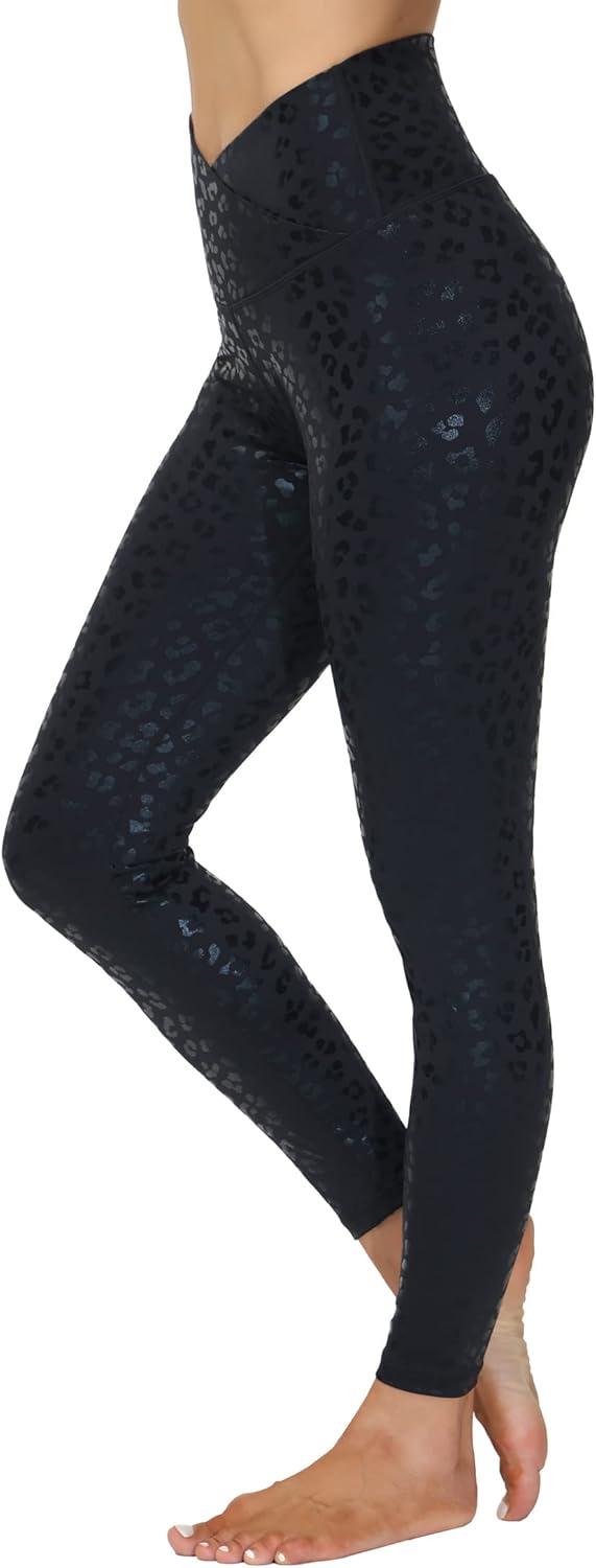 imageTHE GYM PEOPLE Womens V Cross Waist Yoga Leggings with High Waisted Tummy ControlBlack Leopard