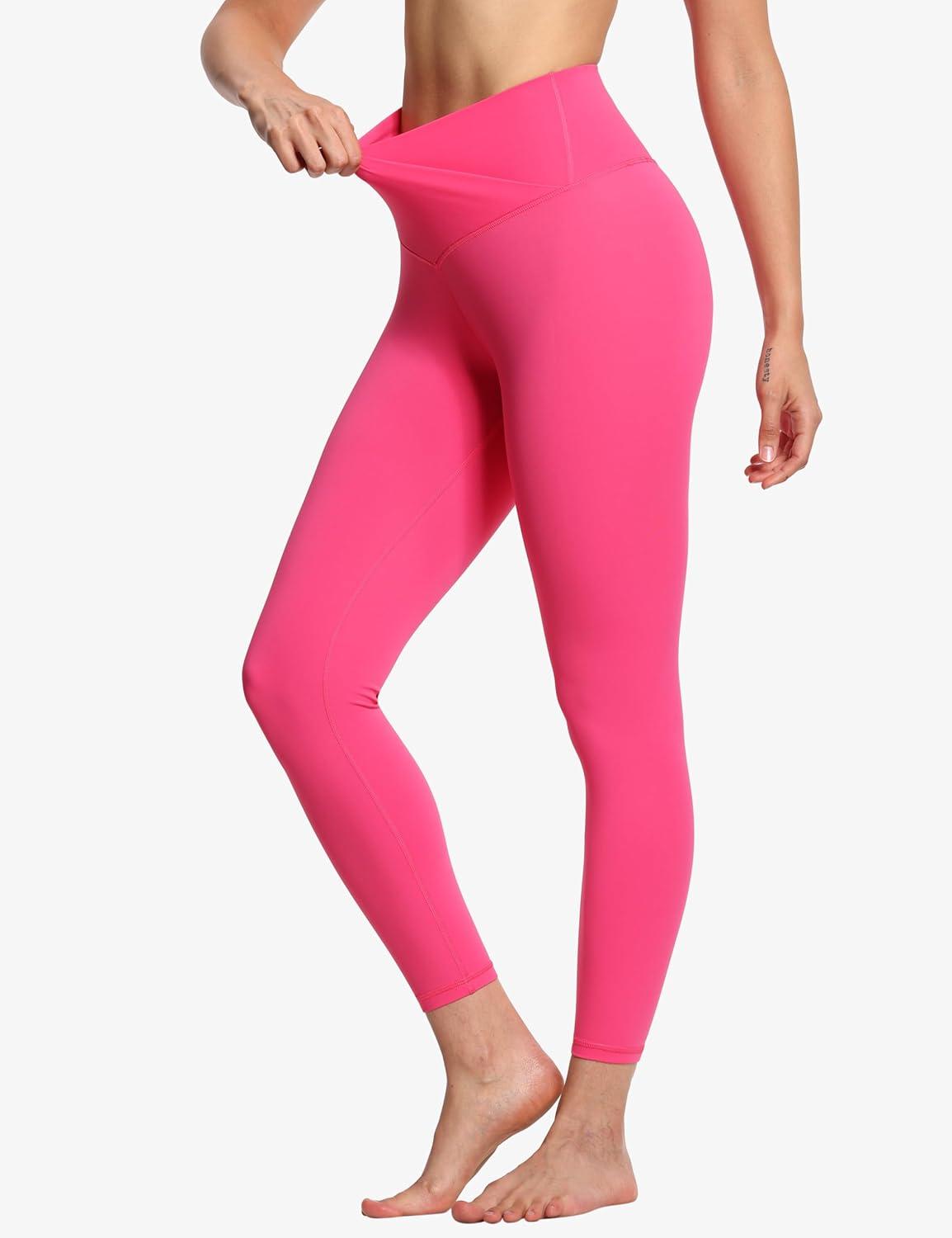 imageTHE GYM PEOPLE Womens V Cross Waist Yoga Leggings with High Waisted Tummy ControlBright Pink