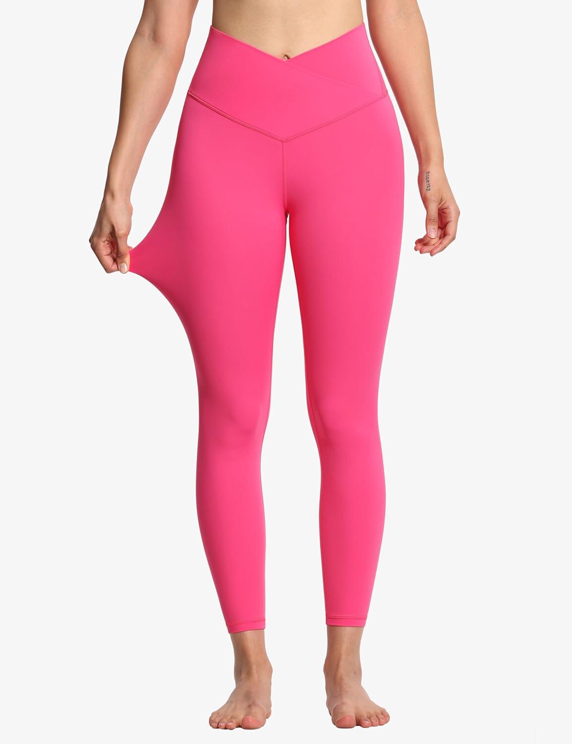 imageTHE GYM PEOPLE Womens V Cross Waist Yoga Leggings with High Waisted Tummy ControlBright Pink