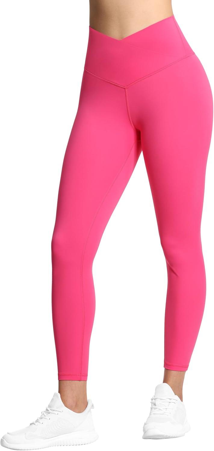 imageTHE GYM PEOPLE Womens V Cross Waist Yoga Leggings with High Waisted Tummy ControlBright Pink