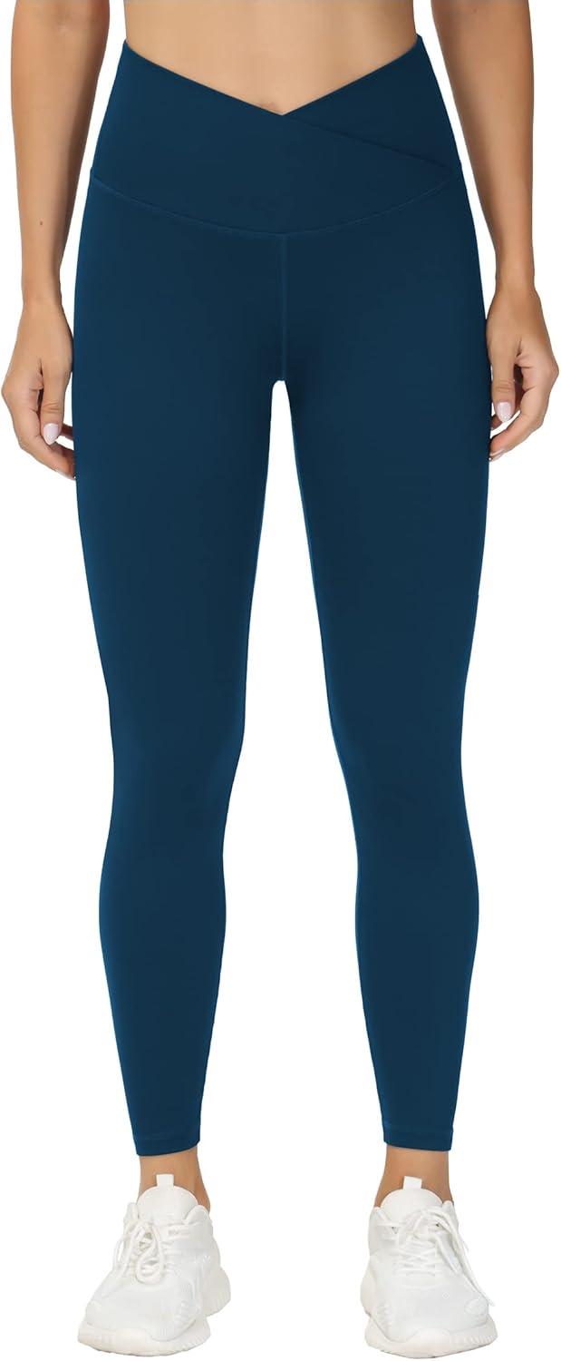 imageTHE GYM PEOPLE Womens V Cross Waist Yoga Leggings with High Waisted Tummy ControlDark Blue Green