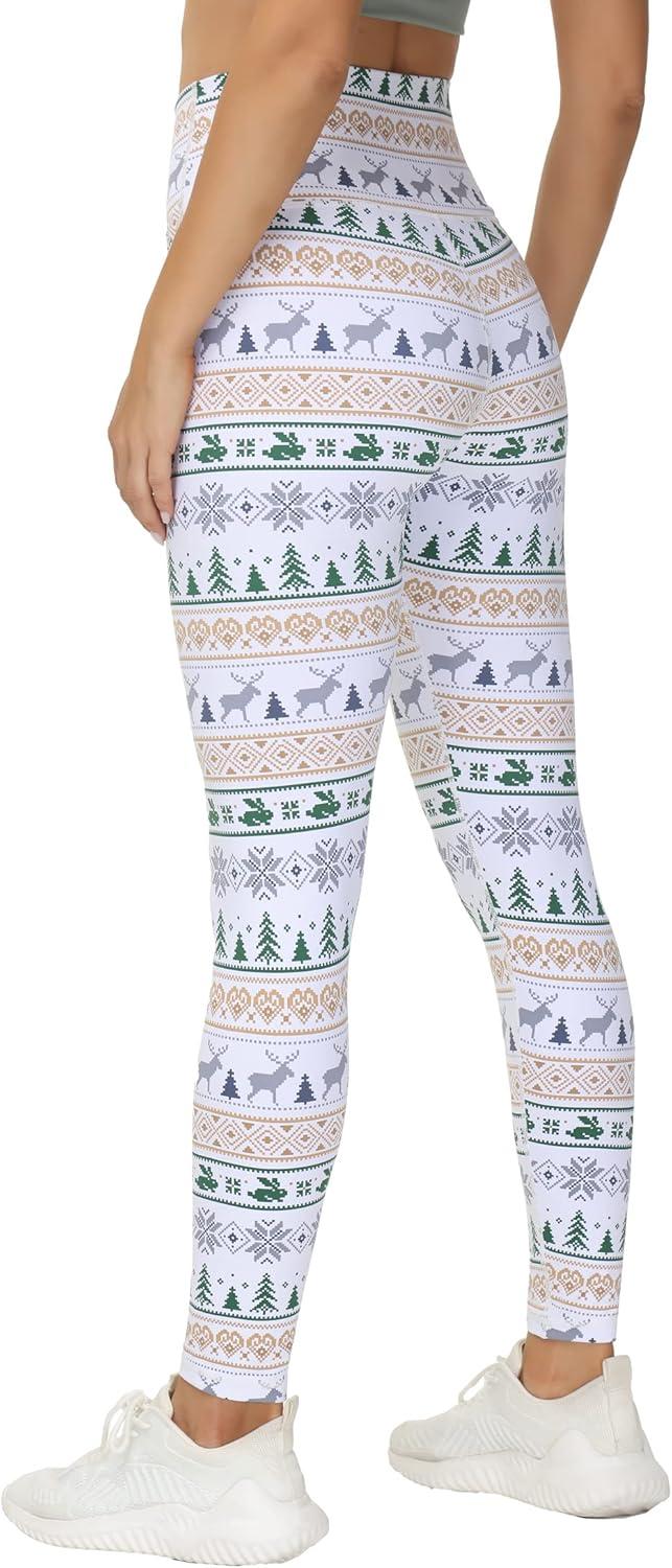imageTHE GYM PEOPLE Womens V Cross Waist Yoga Leggings with High Waisted Tummy ControlXmas Print White