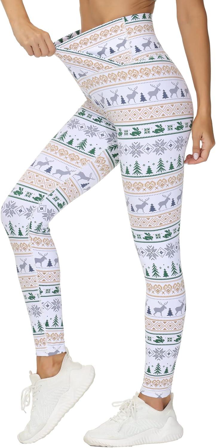 imageTHE GYM PEOPLE Womens V Cross Waist Yoga Leggings with High Waisted Tummy ControlXmas Print White